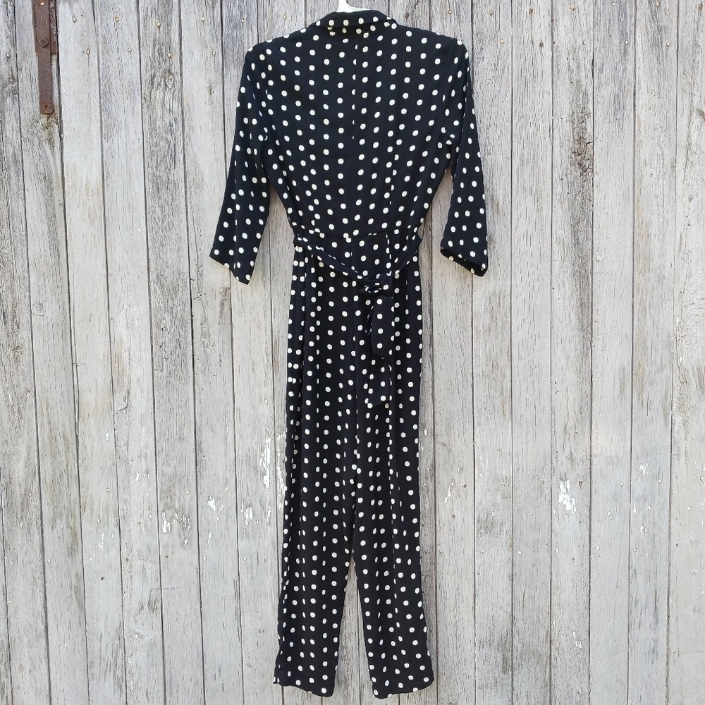 Bershka Polka Dot Jumpsuit S Black White Double Breasted Wrap Belted 3/4 Sleeve - Picture 5 of 5